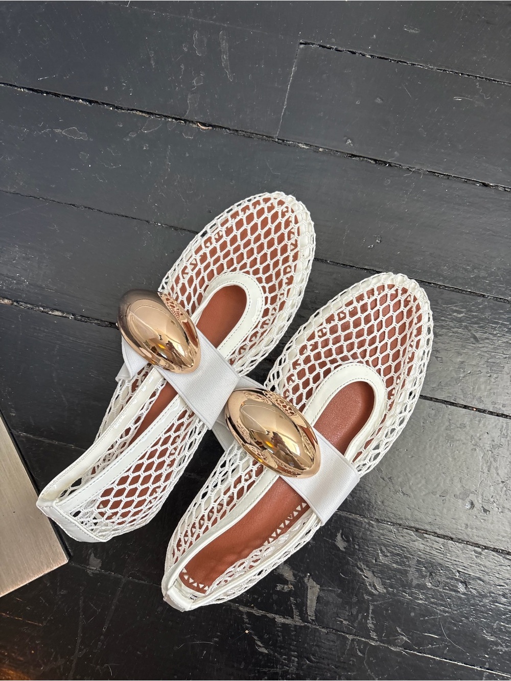 Amazon White Mesh Slip-On Flats with Gold Oval Accent